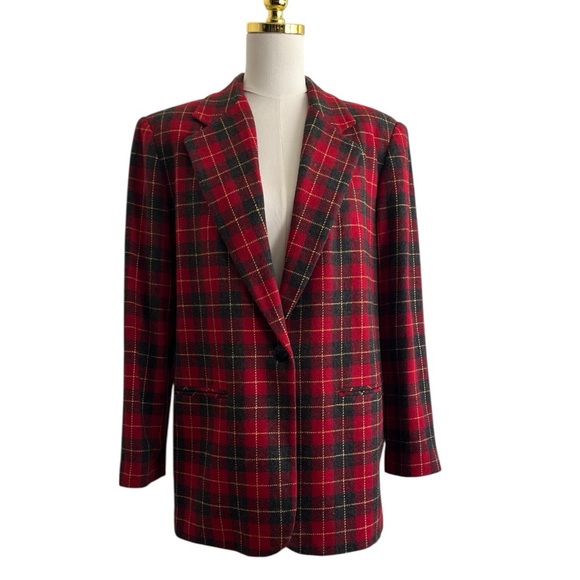 Harris Wallace VTG 90’s plaid Red Black Wool Blend Blazer Size 10 - Picture 1 of 8